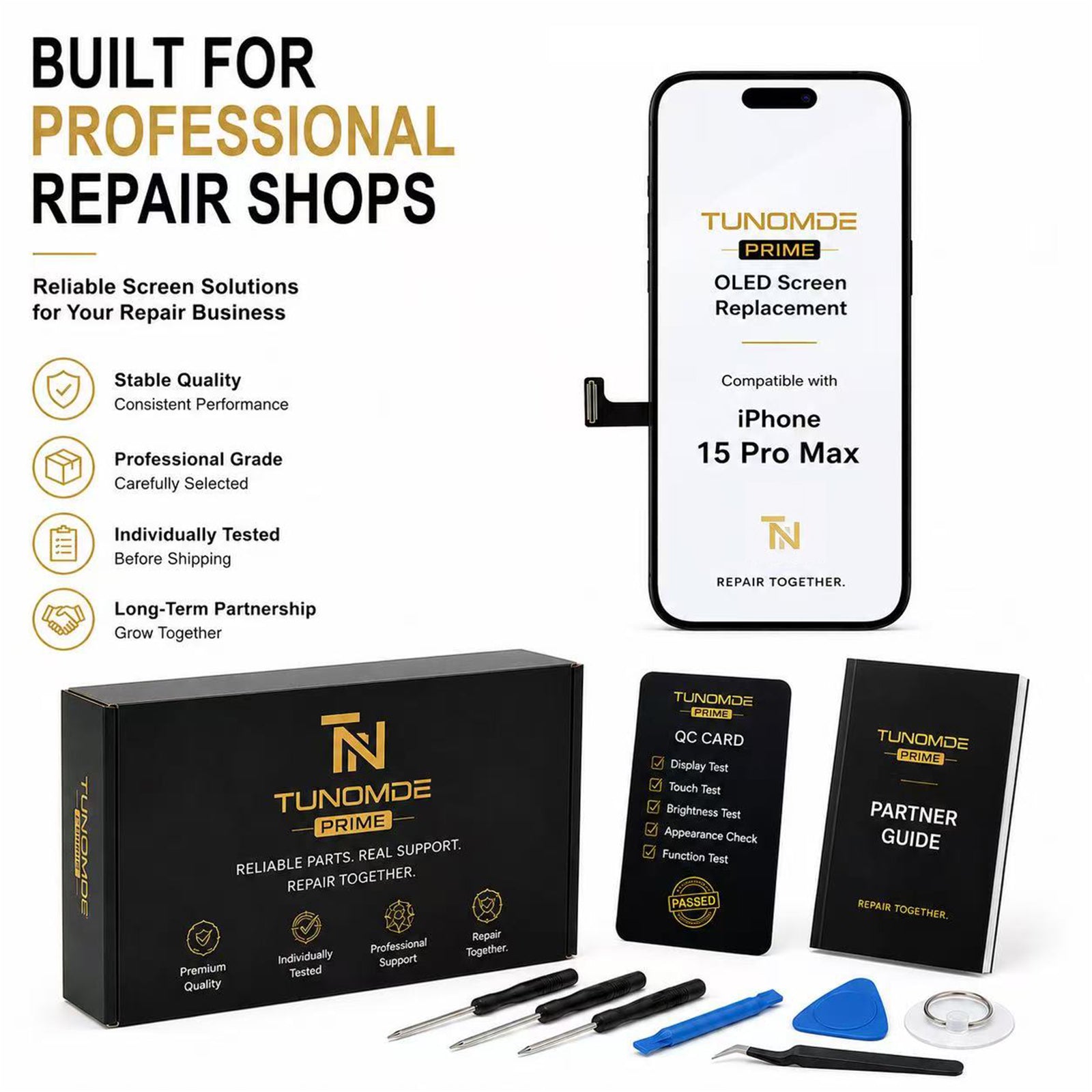 Prime OLED Screen Replacement Compatible with iPhone 15 Pro Max, Display Assembly with Touch Screen, Individually Tested, Original Dimensions