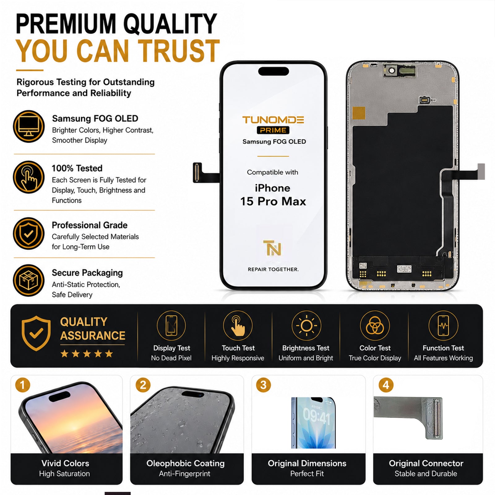 Prime OLED Screen Replacement Compatible with iPhone 15 Pro Max, Display Assembly with Touch Screen, Individually Tested, Original Dimensions