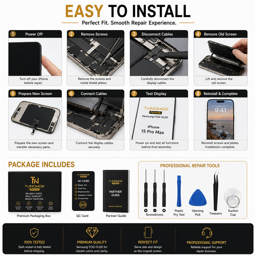 Prime OLED Screen Replacement Compatible with iPhone 15 Pro Max, Display Assembly with Touch Screen, Individually Tested, Original Dimensions