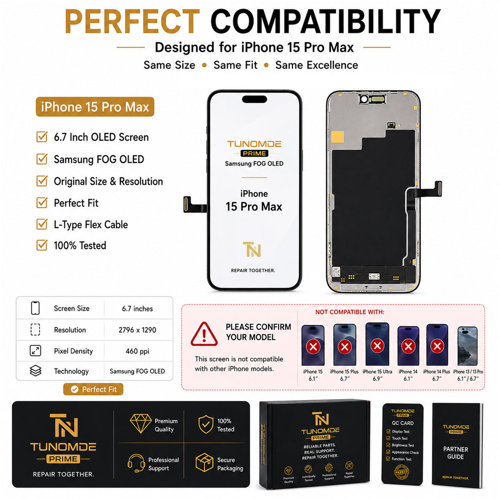 Prime OLED Screen Replacement Compatible with iPhone 15 Pro Max, Display Assembly with Touch Screen, Individually Tested, Original Dimensions