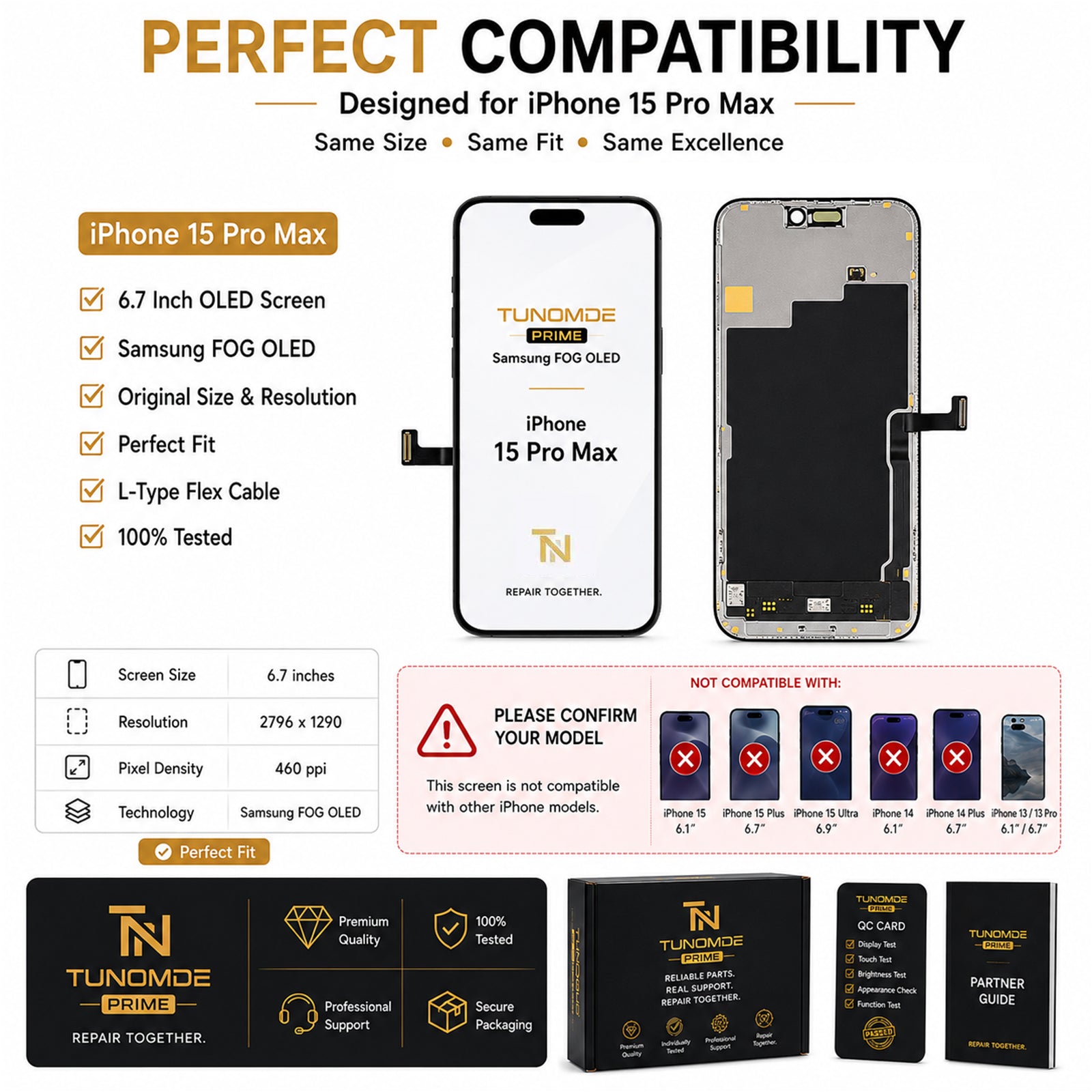 Prime OLED Screen Replacement Compatible with iPhone 15 Pro Max, Display Assembly with Touch Screen, Individually Tested, Original Dimensions